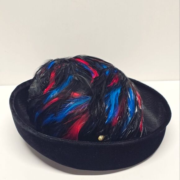 Vintage Black Red Blue Feathers Velvet And Mesh Hat Derby Church Formal Evening - Picture 1 of 11